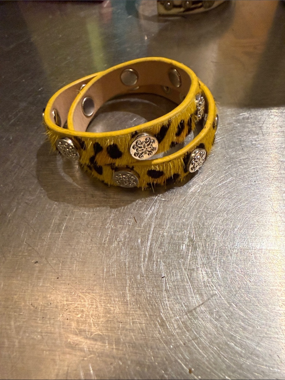 Rustic Cuff Yellow Leopard Print Wrap Bracelet with Silver Medallions